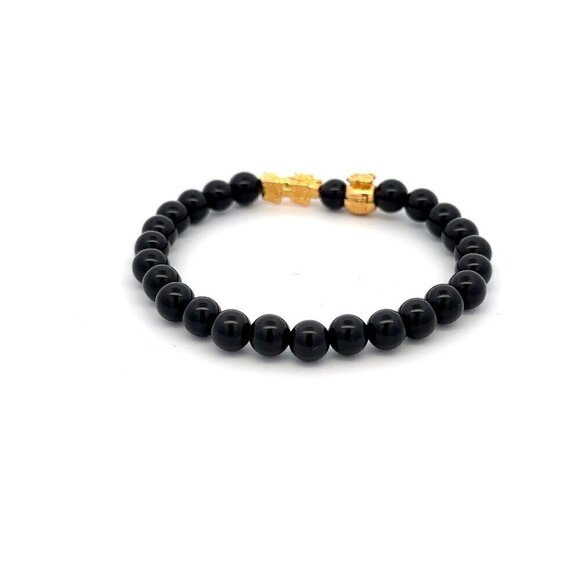 18K Gold Dragon Pixiu Piyao Money Bag Lucky Charm Bracelet Gemstones Onyx 6mm - Picture 4 of 5